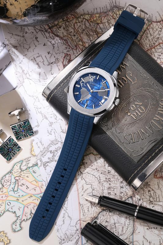 Image of Giordano Stylish World Map Design Analog Watch for Men with Silver Case Round Dial, Textured Silicone Strap, Water Resistant and Date Display Function - GZ-50147