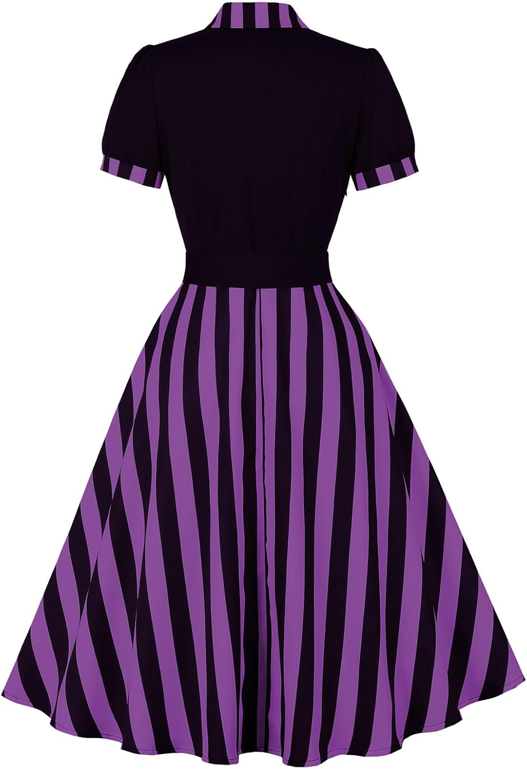 ODIZLI Women's 1950s Retro Dress Short Sleeve Notched Lapel Polka Dot Stripe Swing Dress with Belt Cocktail Dress - Image 2