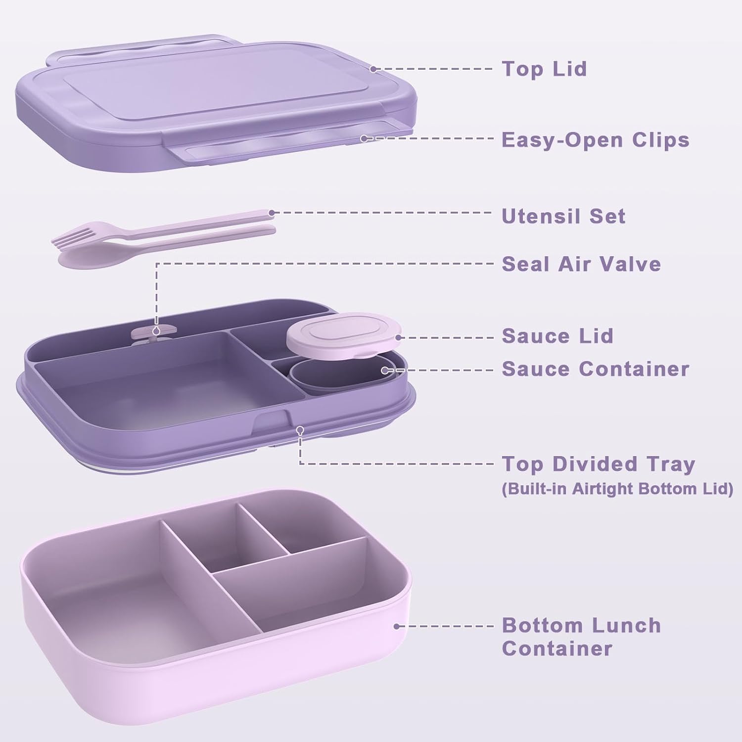 Caperci Stackable Bento Lunch Box for Adult & Teens - Reinforced Leak-Proof Lunch Container 4-Compartment with Utensils & Sauce Container, BPA-Free, Dishwasher/Microwave Safe, 47oz (Orchid Bloom) - Image 2