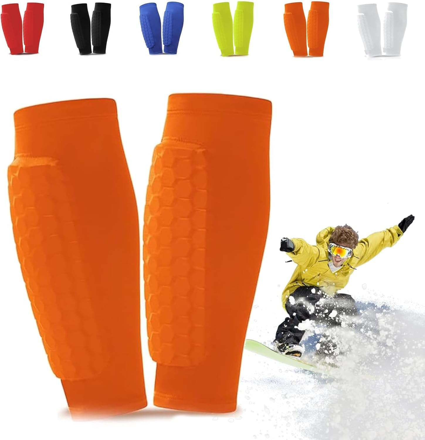 Ski Shin Guards Gel, Honeycomb Compression Sleeve Football Shin Guards, Ski Guard Socks, Ski Guards Shin Pads, Shin Defender, Breathable Elastic Gel Guard for Skiing, Legs Protection (Orange, S)