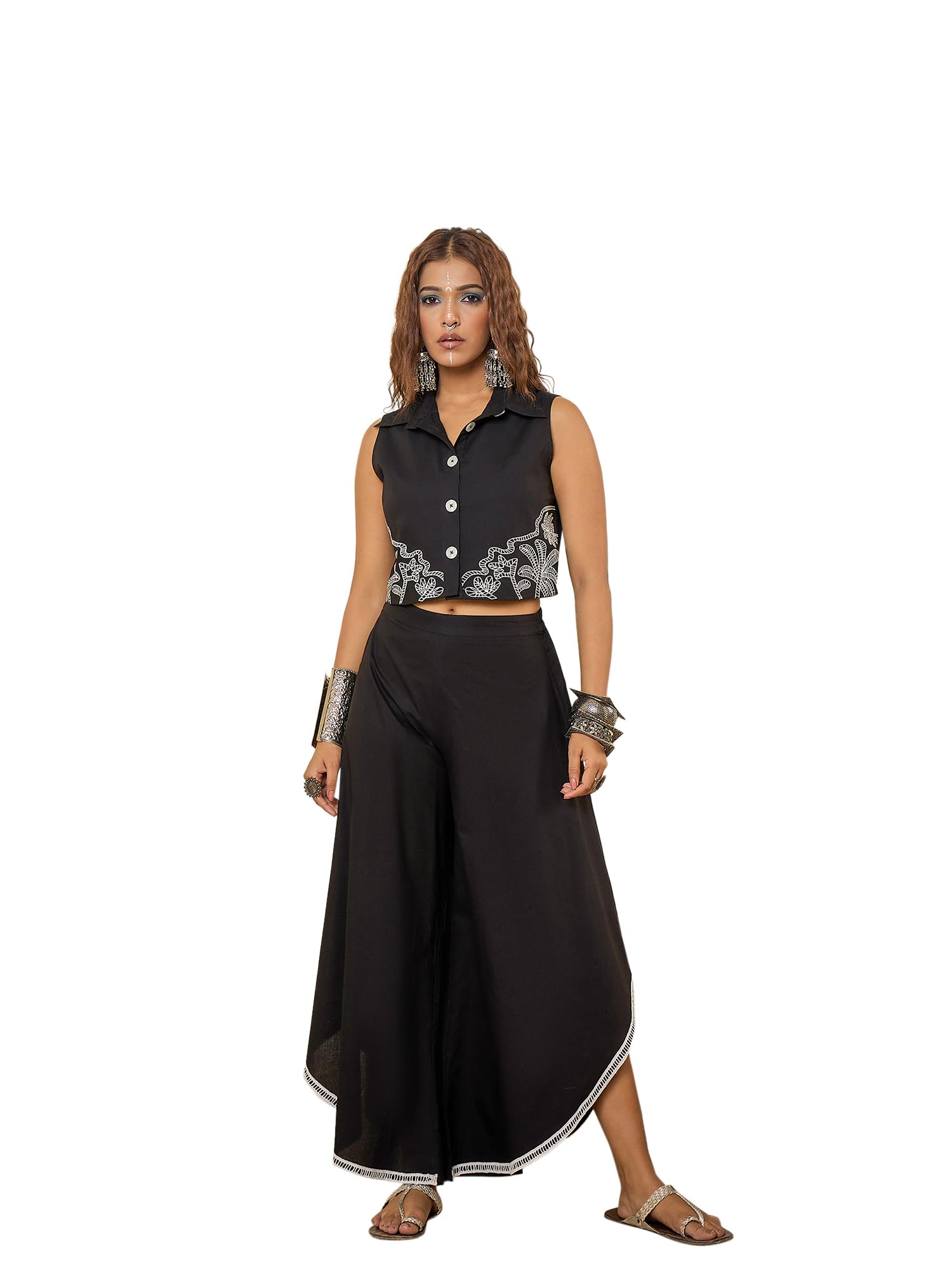 Black Cotton Embroidered Crop Top with flared Pant Co-ord Set-image-31