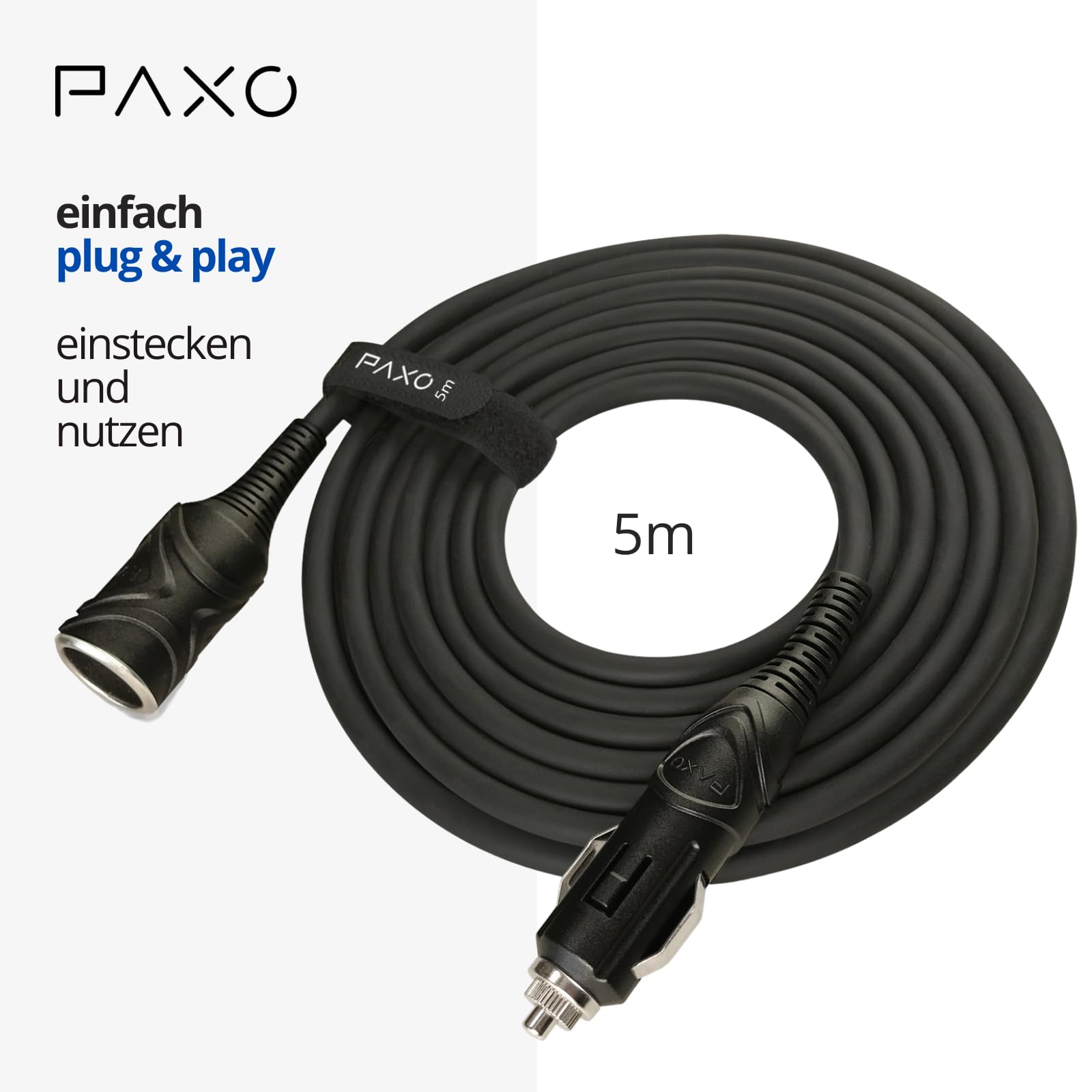 PAXO 5m de câble de rallonge KFZ 12V, rallonge, fusible 15A, câble en caoutchouc solide avec fiche et prise, ruban auto-agrippant, pour prise allume-cigare