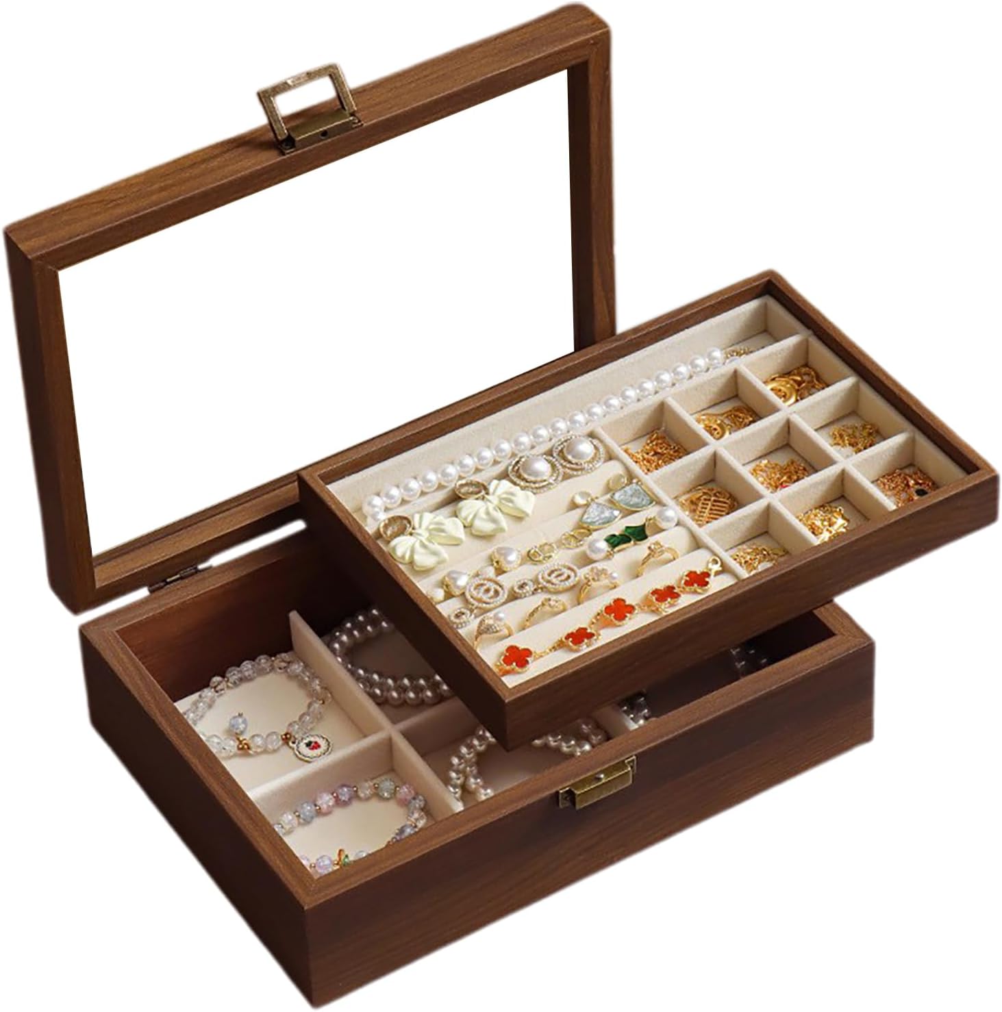 Black Walnut Wooden Jewelry Box,Double Velvet Layer Vintage Jewelry Box with Lid and Lock,Travel Jewelry Case for Earring Ring Necklace Bracelet,Gift for Women Men(L)