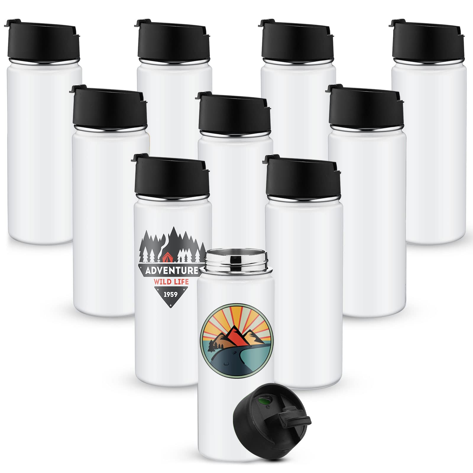 Mimorou 10 Pack Sublimation Blank Water Bottle Bulk 18 oz Stainless Steel Double Wall Sport Bottles Sublimation DIY Bottles for Gym, Hiking, Camping, Sports Outdoor Hot or Cold Drinks