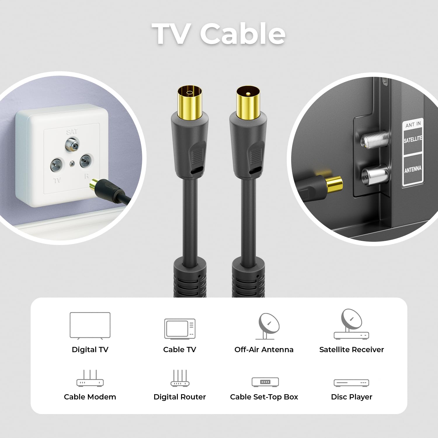 deleyCON 1m Cavo Antenna TV (Connettore IEC a Accoppiatore IEC) Coassiale HDTV Schermatura 4x 2x Filtro Ferrite Antidisturbo DVB-T DVB-T2 Radio DAB - Nero