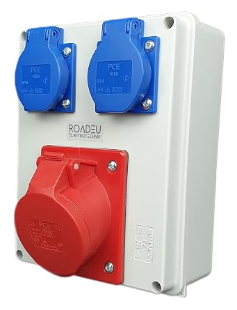 RoadEu Power Distributor 16 A 5P 400 V 2x Schuko 230 V Construction Power Distribution IP44 PCE Sockets