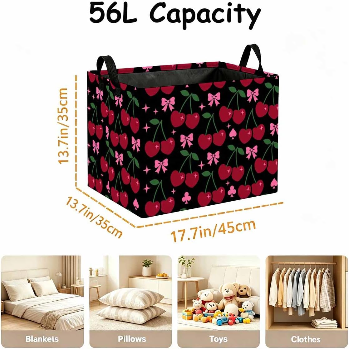 Coquette Aesthetic Cherry Laundry Hamper 56L, Foldable Laundry Basket with Reinforced Handles Storage Basket for Laundry Room, Bedroom, Bathroom, College Dorm Ideal Gift for Home image 4