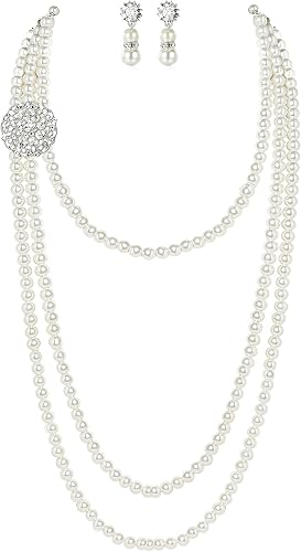 BABEYOND - Collar de perlas vintage estilo Gatsby de los años 20 conjunto de collar nupcial y aretes de perlas de imitación multicapa collar con