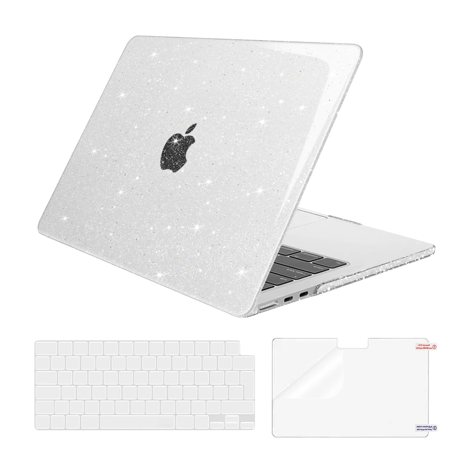 MOSISO Custodia Compatibile con MacBook Air 13 Cover M5 M4 M3 M2 2026-2022 A3449 A3240 A3113 A2681, Glitter Case per MacBook Air 13,6'' display Liquid Retina&Copritastiera&Pellicola, Trasparente
