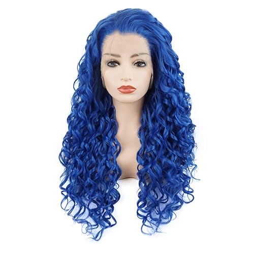 Miniatura 3 de Pelo rizado largo 26 pulgadas azul medio atado a mano realista densidad densidad sintético encaje frente pelucas