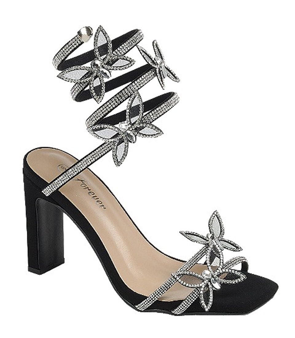 Forever Link Women's Rhinestone Butterfly Detail Spiral Coil Wrap Around Chunk Heel Sandals