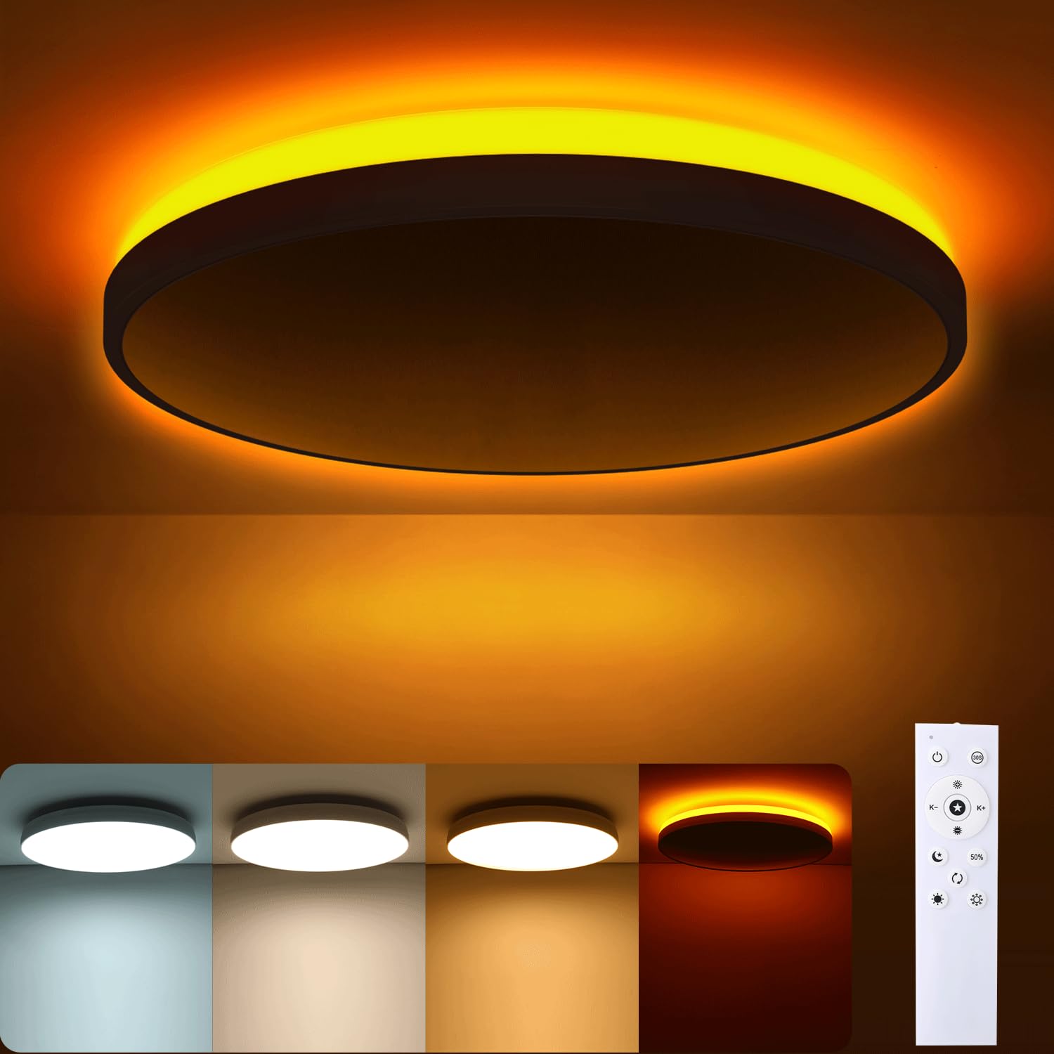 LED Deckenleuchte mit Fernbedienung 46W 5060LM Ø37cm – Dimmbar & Farbtemperatur einstellbar 3000K/4000K/6500K, 1800K Warmweißes Backlight – Deckenlampe für Wohnzimmer, Schlafzimmer, Küche, Weiß