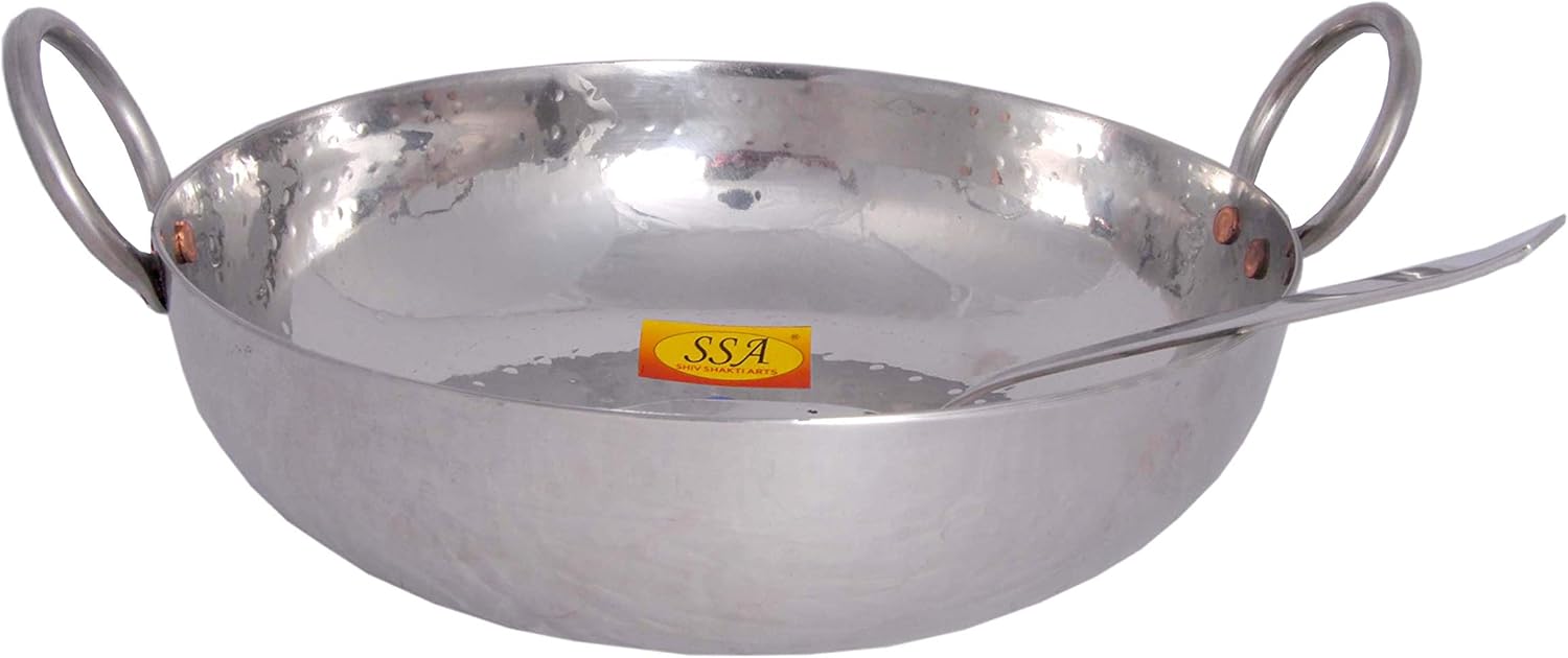 SHIV SHAKTI ARTS® Multi Utility - Heavy Gauge - Stainless Steel Kadhai with Serving Spoon & Riveted Handle for Serving & Cooking Food in Home, Hotles & Resturants(No.2 | 2500 ml - Hammer Design)