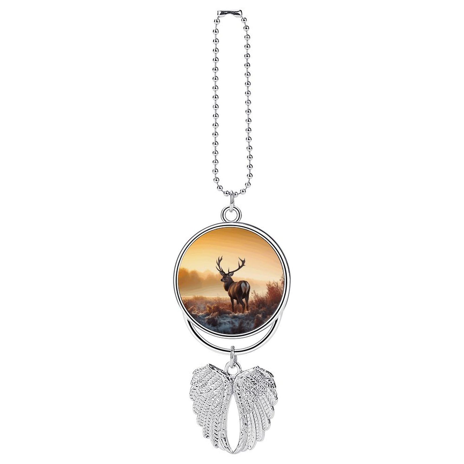 Landscape Deer Car Charm, Alloy Rear View Mirror Pendant, Bling Funny Car Hanging Ornament Gift for Women Men, Car Pendant Lucky Auto Interior Decoration Accessories Silver-Style