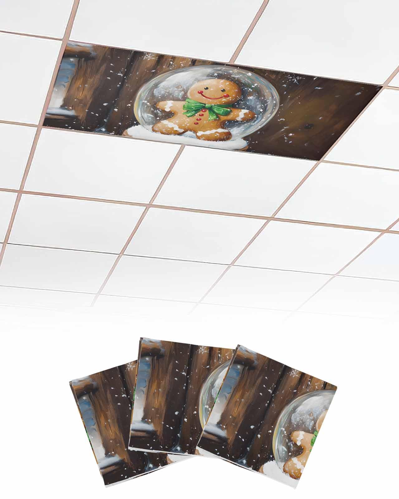 EwdeWwo Christmas 3 Pcs Fluorescent Light Covers for Ceiling Lights, Winter Snowflake Gingerbread Man Green Bow Magnetic Light Filters for Eliminate Harsh Glare Classroom Office Decoration, 4 x 2 Ft