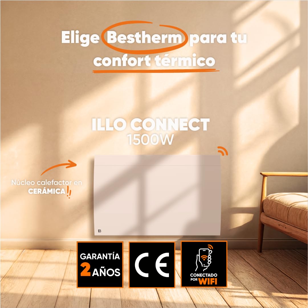 BESTHERM - Radiador eléctrico fijo conectado WIFI con inercia seca cerámica 1500 W Bestherm ILLO CONNECT horizontal blanco