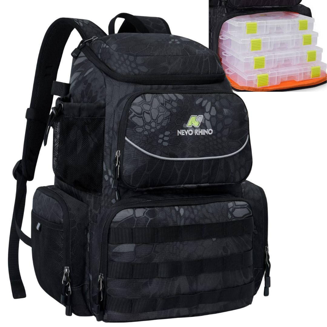 Angelrucksack mit Inklusive Boxen – Gerätekoffer mit Fächern – Ideal für Brandungsangeln, Karpfenangeln und Spinnfischen – Wasserabweisende Angeltasche mit Großer Kapazität