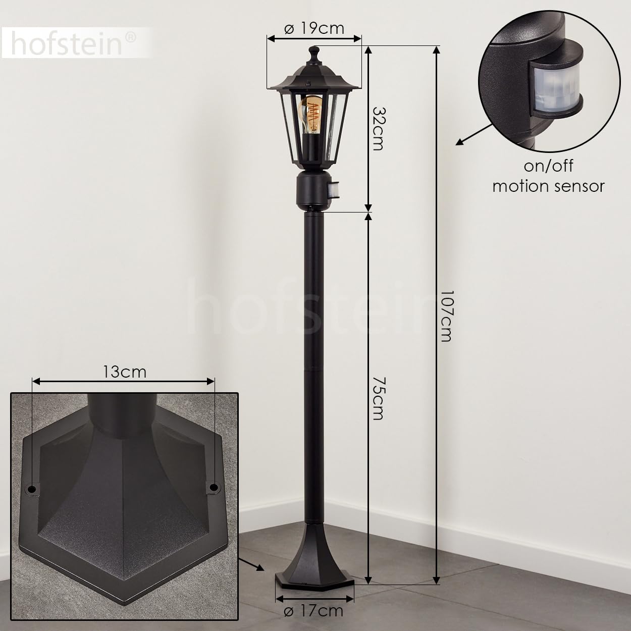 HOFSTEIN Außenstehleuchte Loria, Außenwegeleuchte mit Bewegungsmelder aus Metall/Glas in Schwarz/Klar, Wegeleuchte im Landhaus/Antik/Vintage-Design für Garten, Außenbereich, Hof, 107 cm, E27, IP44
