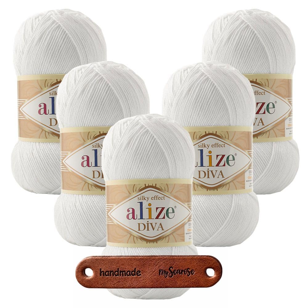 ALIZE 5 x 100g Diva 55 White Premium Wolle seidiges Microfaser Garn für Stricken & Häkeln von Sommermode Kleidern Cardigans und Accessoires mit mySearose Label