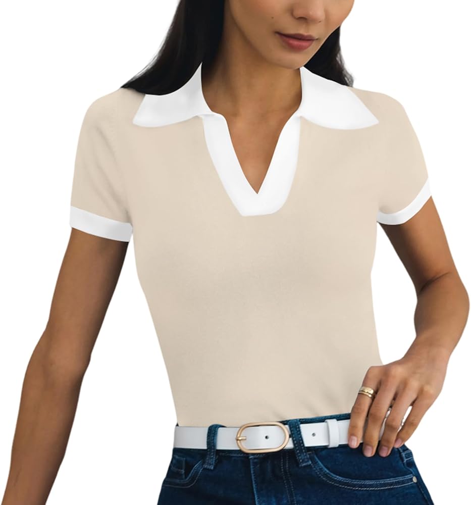 moca　SHOULDER PADS POLO KNIT TOPS Amazon.com: LAOARA Womens Short Sleeve V Neck Polo Shirts