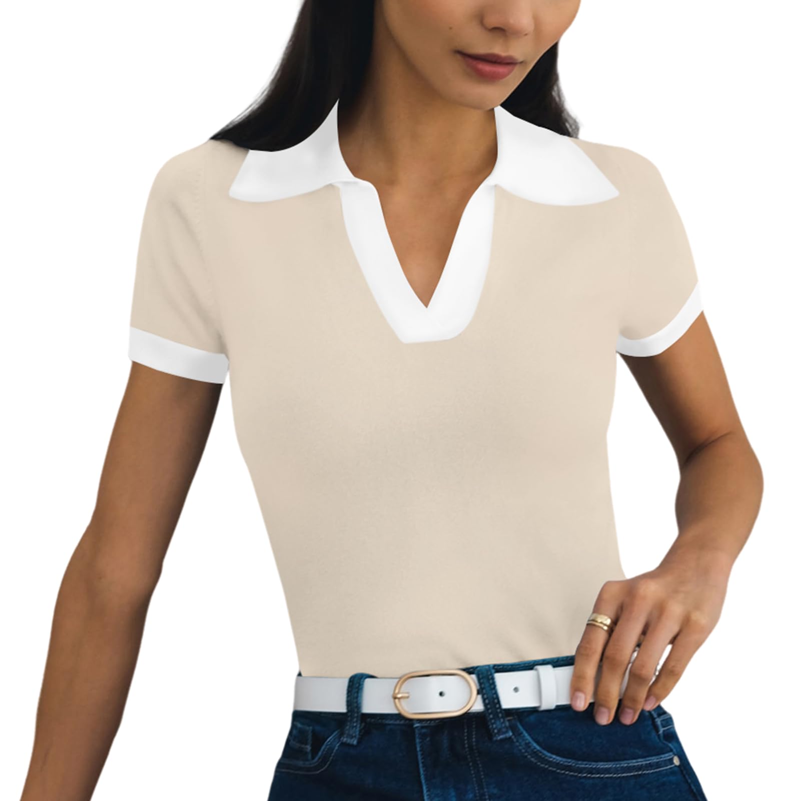 Polo de manga corta para mujer, cuello en V, cuello en V, bloque de color, camiseta de golf