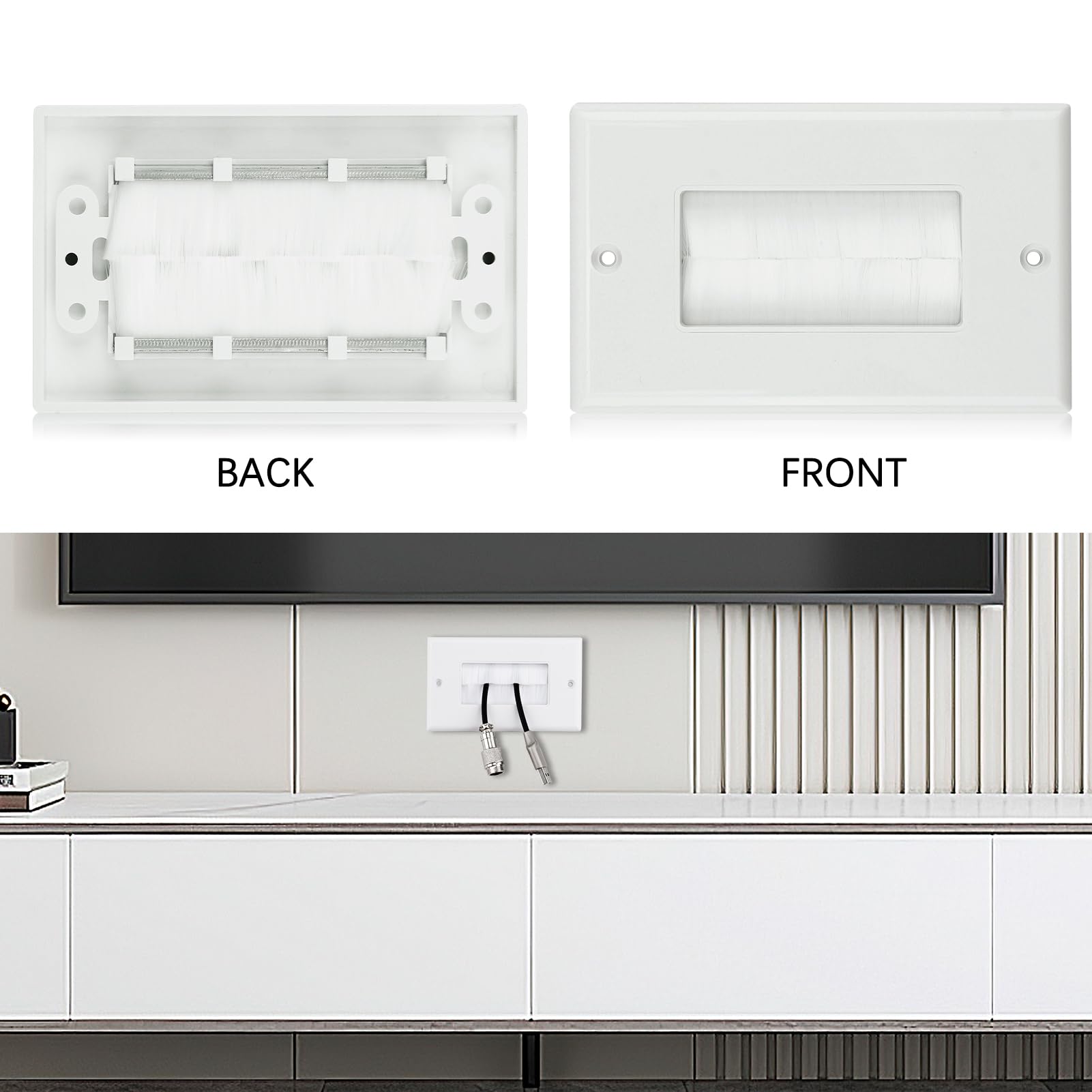 2 Piezas Placas de Pared con Cepillo para Pasacables, Cubierta Empotrable para Ocultar Cables de Electrodomésticos y Equipos Electrónicos, Placa Frontal Para Cable Salida Pared Salida