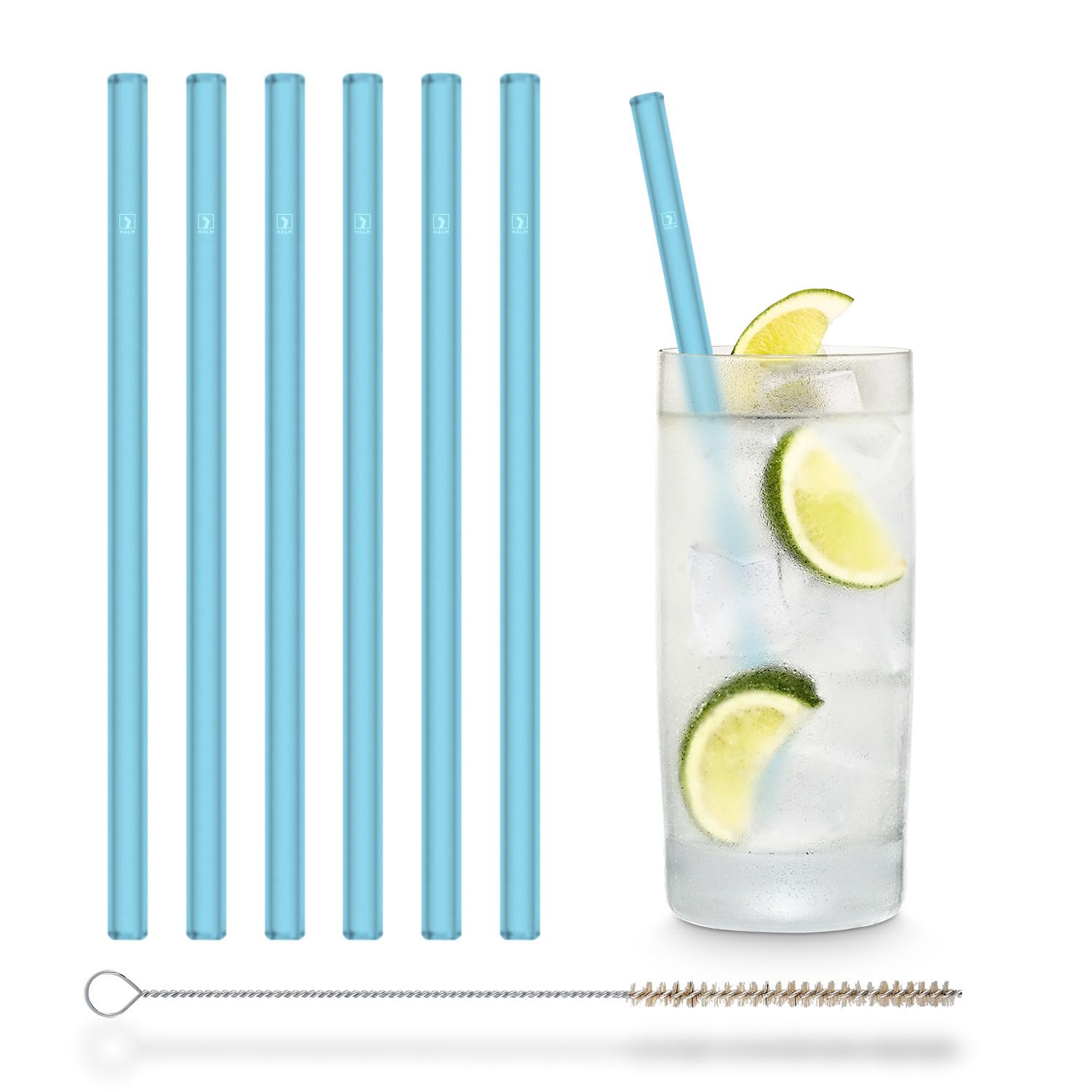 Halm Blue NEON Glass Straws 6 Pieces 20 cm 6 Neon, + Plastic-Free Cleaning Brush - Dishwasher Safe - Sustainable - Glass Drinking Straws Glass Sippers for Cocktails, Smoothies, Juice