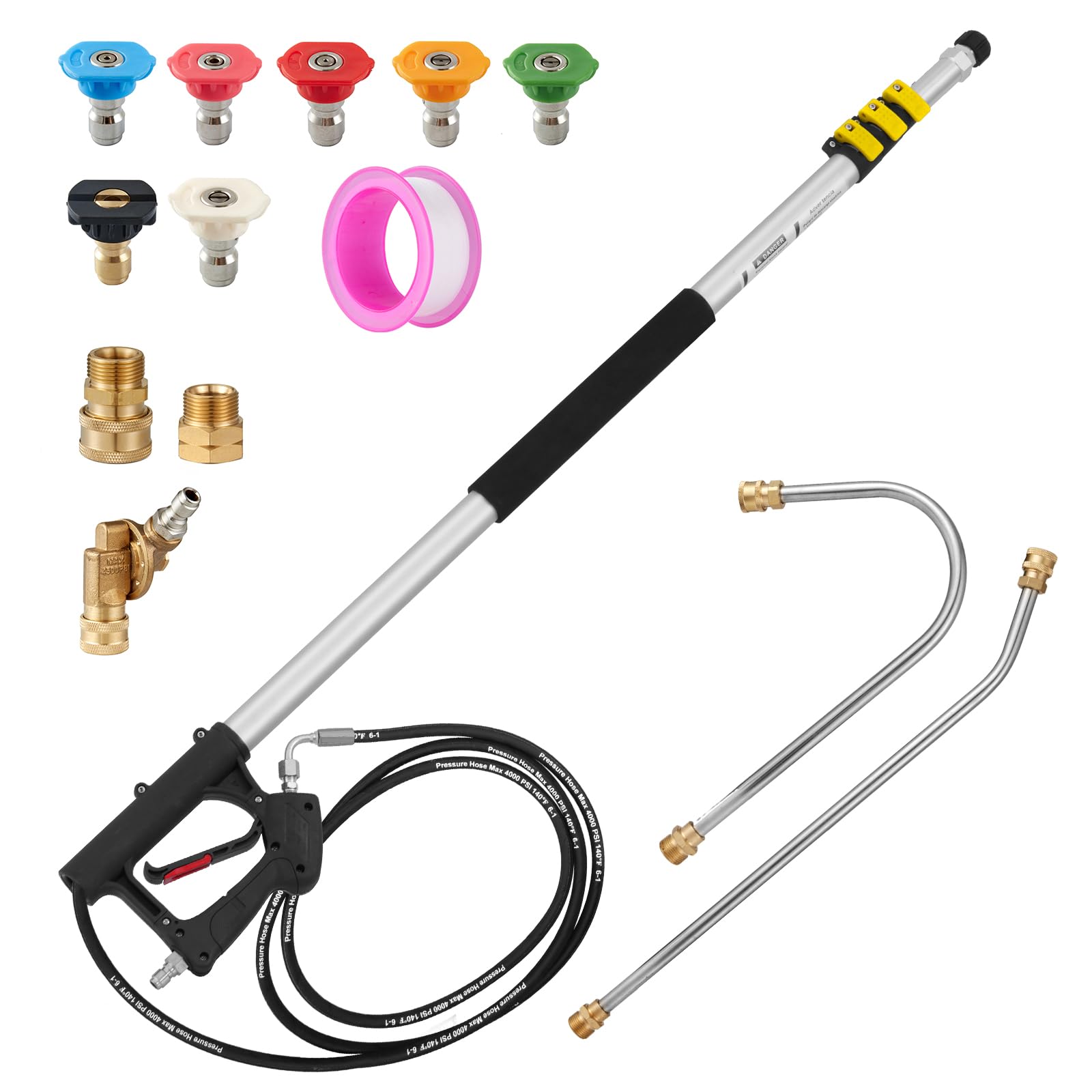 18 ft telescoping pressure washer wand with power washer extension wand, gutter cleaner attachment, 5 spray nozzle tips and 2 hose inlet adapters
