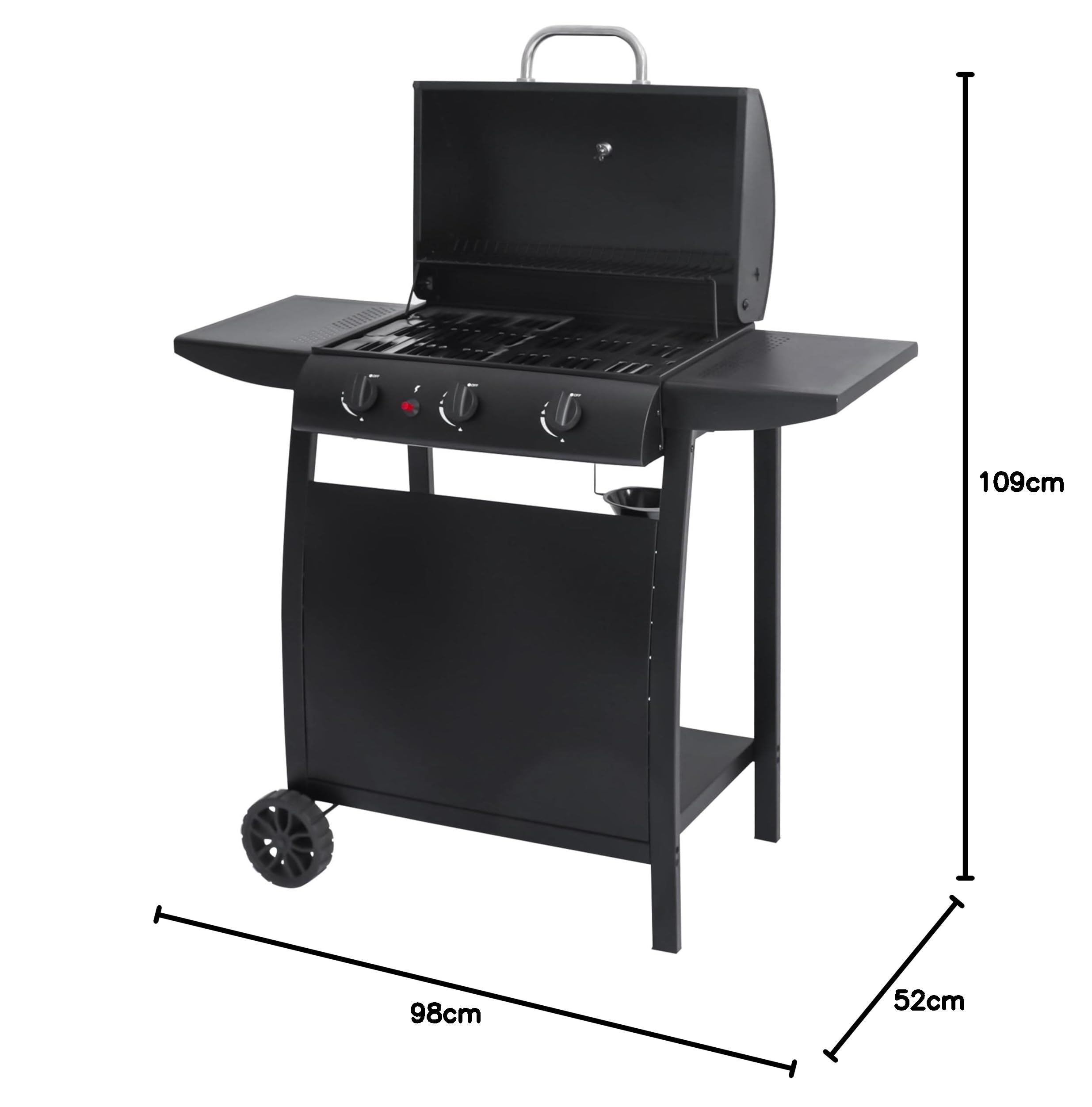 aro Barbecue a Gas 3 Bruciatori Acciaio Nero con Termometro Tavolini Laterali