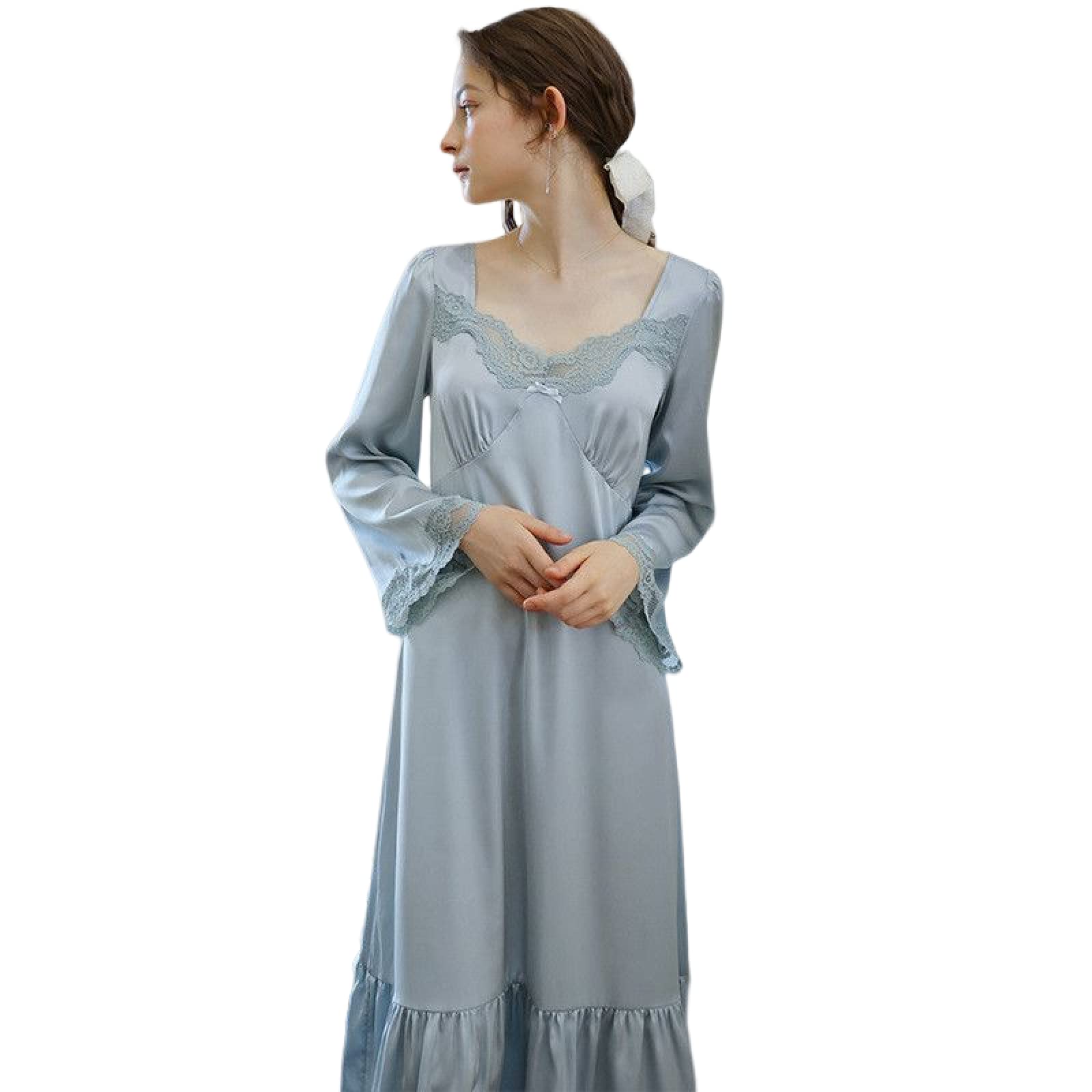 OFFSUM Camicia da Notte Donna - Camicia da Notte Sexy con Colletto Quadrato in Pizzo Camicia da Notte Elegante Vintage in Stile Palazzo Primavera Estate Abito da Notte in Raso