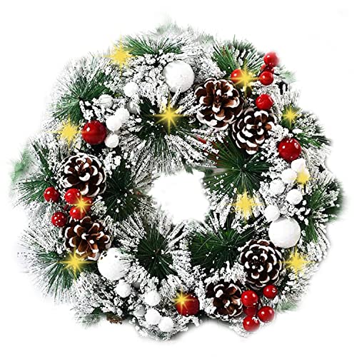 Corona de Navidad para Puerta LED, Artificial con LED , Corona de Navidad con piñas de Abeto, Copos de Nieve,...