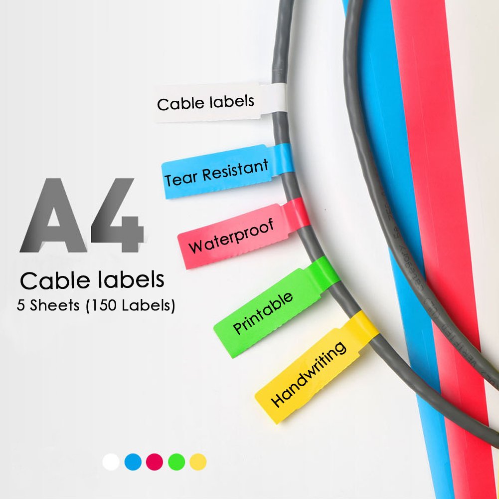 KFZR Cable Labels Self-Adhesive Waterproof Tear Resistant, Online Print Tool for Laser Printer (not Included) Durable 5 Sheets A4 150 Labels (150 Labels)