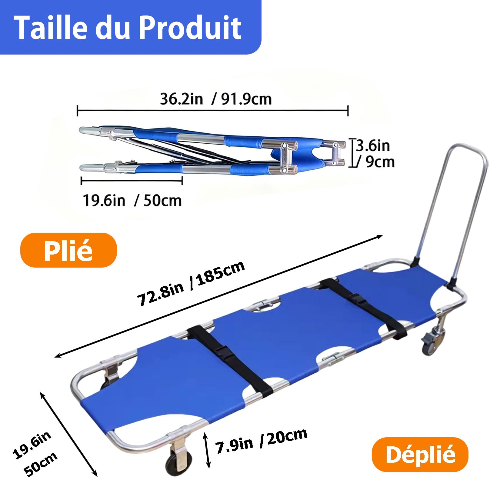 Civière Pliable et Portable avec Roues,Pliant Brancard avec 4 Roues et Ceinture de Sécurité,Civière Médicale en Aluminium,Patient Portable d'urgence Transport Brancard,Avec tige de poussée-traction