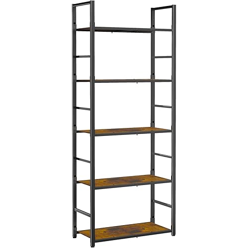 Book Shelf - 5-Tier Space-Saving Bookcase with Sidebars & Leveling Feet, Rustproof Storage Shelves for Home Office, Living Room, Kitchen, 23.6"×10.6"×56.5", Brown
