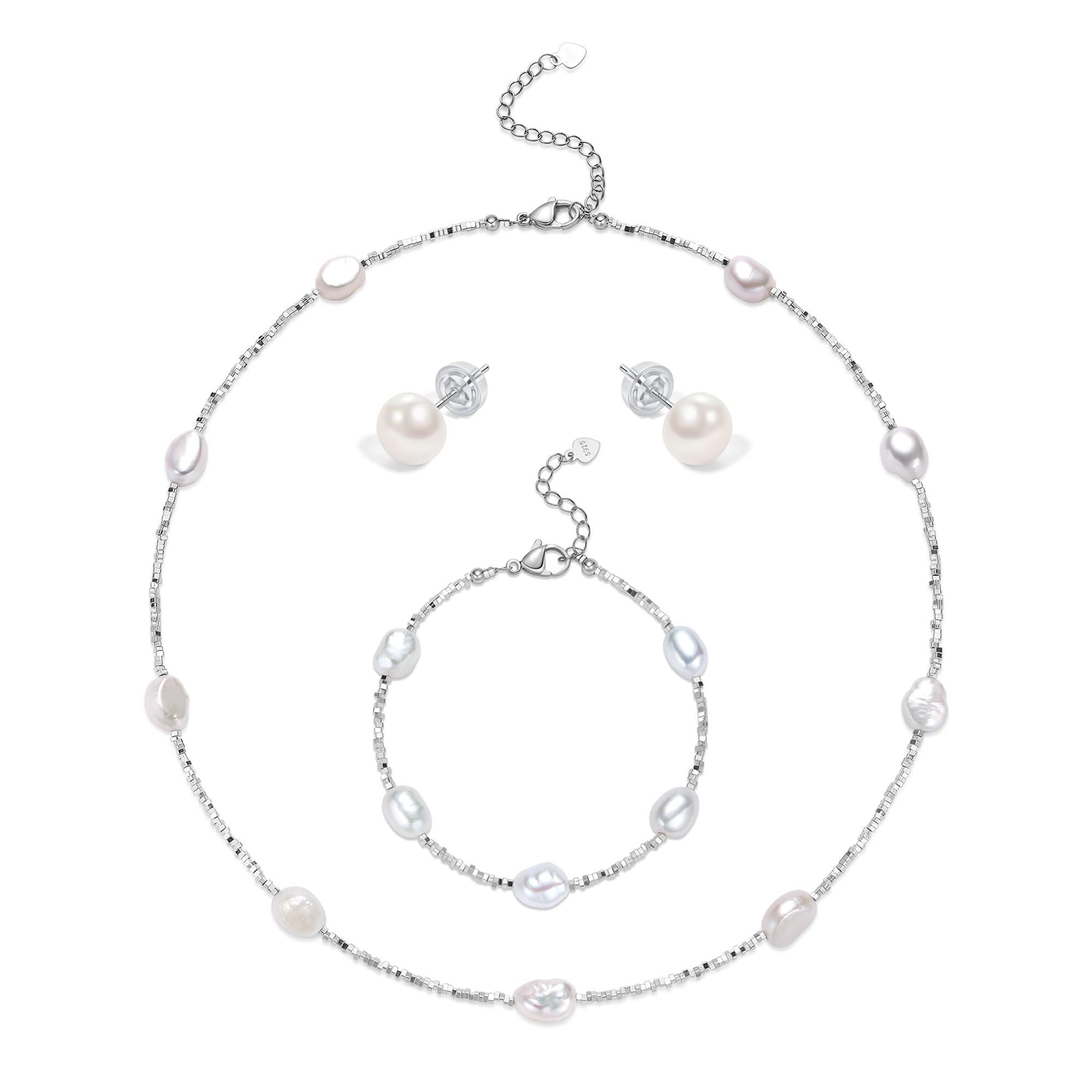 YAMI Barockperlenkette Set mit Bruchsilber Elementen (Halskette+Armband +Ohrringe), 8-9mm Salzwasserperlenkette, Perlenohrringe Silber 925, Perlenschmuck Set Damenschmuck für Jeden Anlass