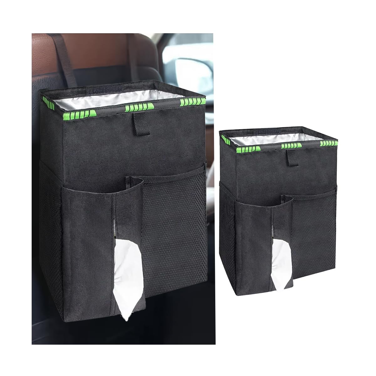 Photo 1 of 8sanlione Car Trash Can with Storage Pockets, Waterproof Leakproof Automotive Garbage Hanging Bag, Multipurpose Foldable Portable Dustbin Organizer, Universal Vehicle Accessories