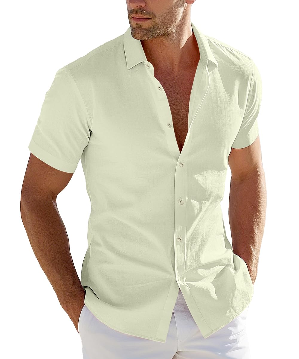 WYWK Men's Shirt Cotton Short Sleeve Casual Button Down Shirt Vacation Summer Beach Shirts for Men