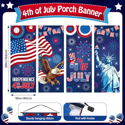 Image of Panelee 4 Pcs 4th of July Decorations Patriotic American Flag Eagle Porch Banner Independence Day Hanging Banner Porch Signs for Independence Memorial Veterans Day Wall Indoor Outdoor Decor(Patriotic)