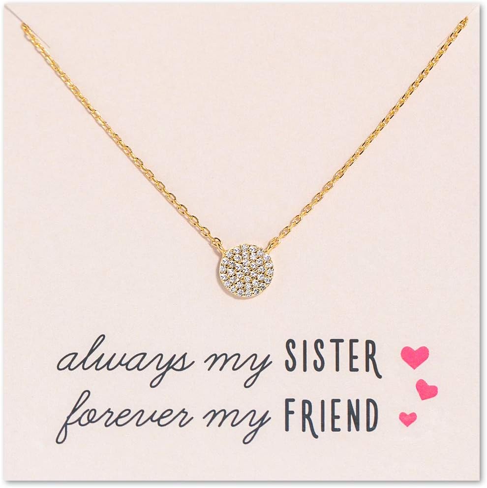 A+O Gift for sister, Petite CZ Disk Pendant Necklace in Gold, Rose Gold or Silver