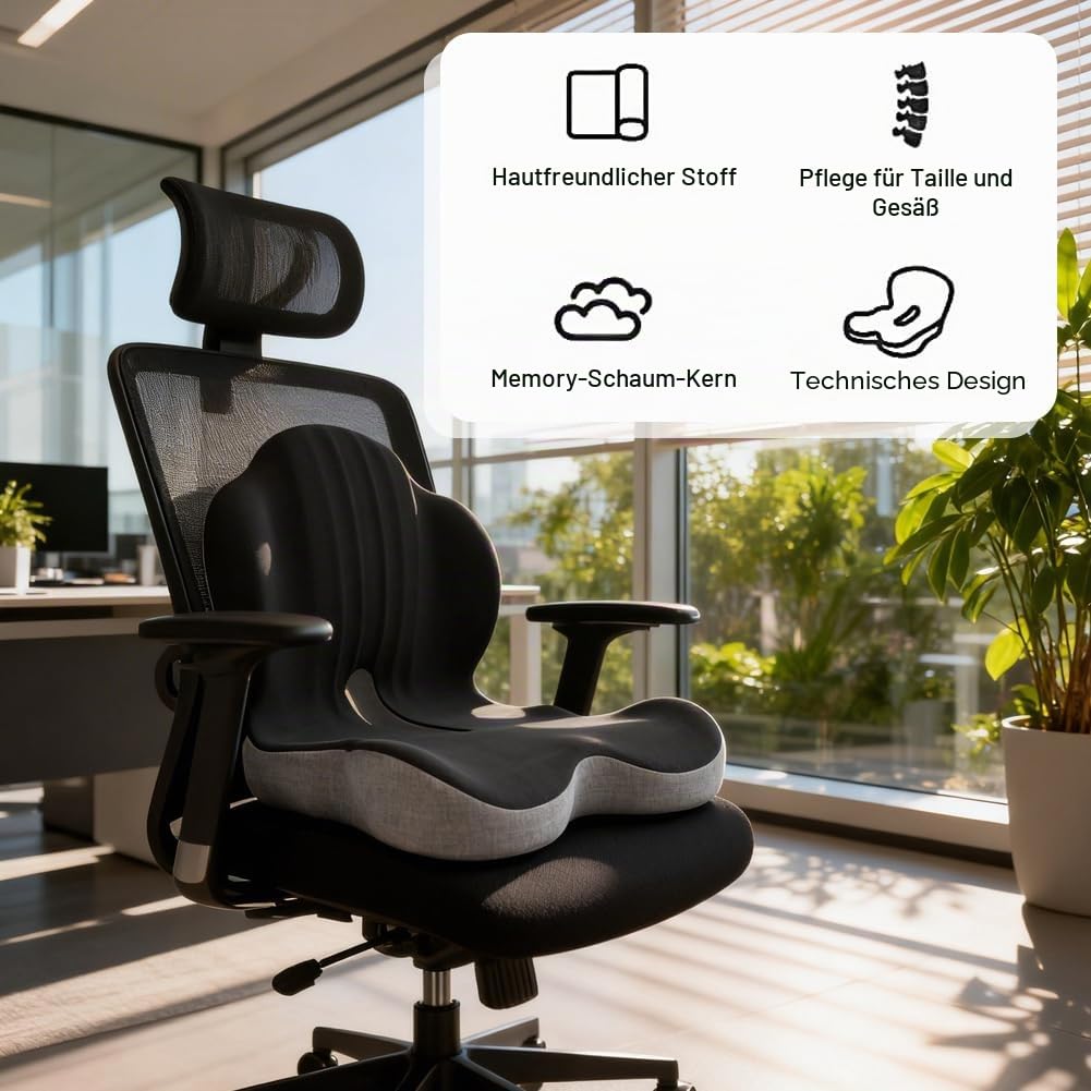 LOMUG Sitzkissen mit Rückenlehne, Memory Schaum Orthopädisch mit Rückenstütze, Ergonomisch Steißbeinkissen für Lschias Bürostuhl Auto LKW Rollstuhl Zuhause Büro Langstrecken Fahrer