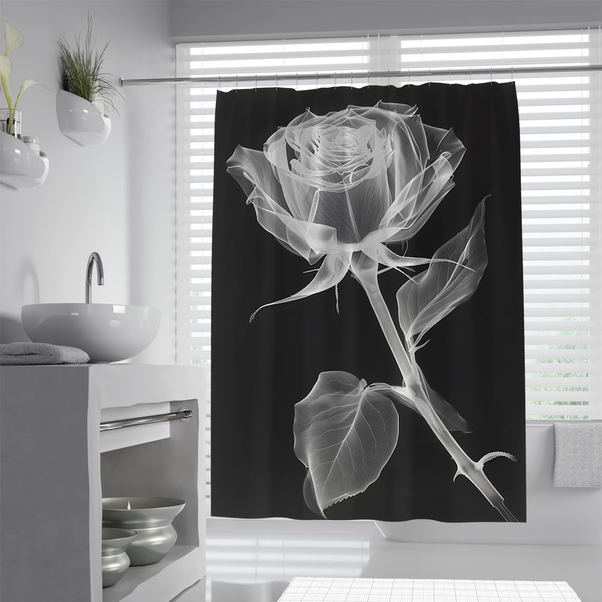 UIRINGART White Rose On Black Shower Curtain W180xL200cm Abstract Translucent Floral Botanical Fabric Polyester Waterproof Mildew Resistant Bath Decoration With Hooks