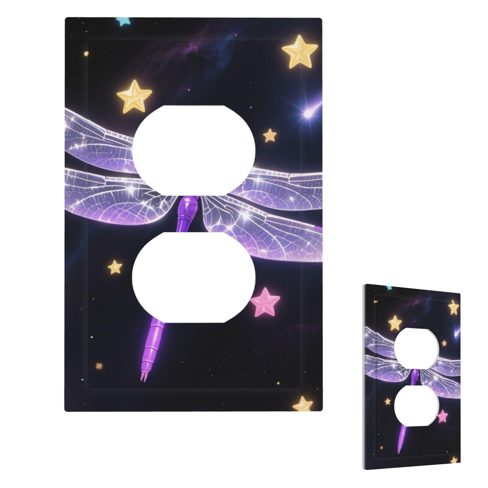 Purple Dragonfly Shiny Stars Wall Plate Cover Modern Decorative 1 Gang Light Switch Cover Unbreakable Receptacle Outlet Covers For Living Room Bedroom Home Decor Duplex