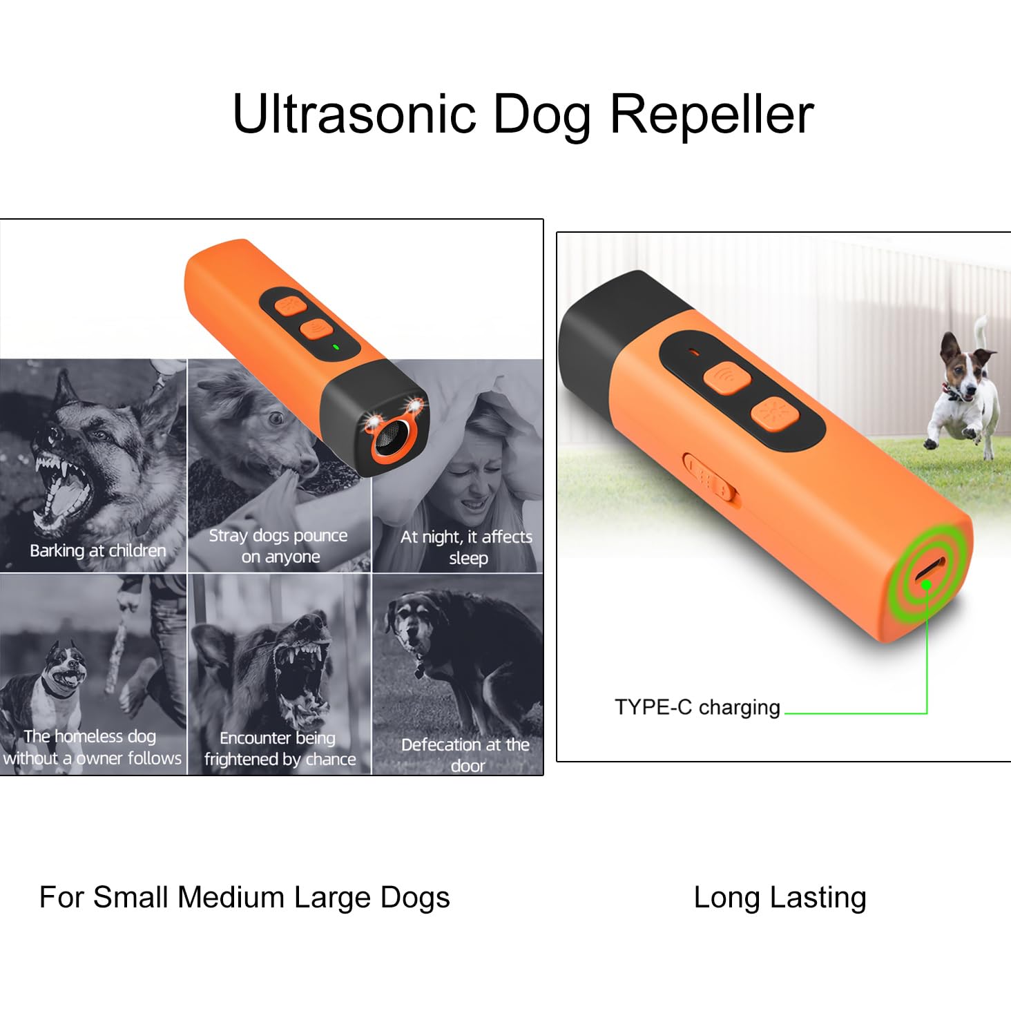 Lot de 2 répulsifs à ultrasons pour chiens avec 3 fréquences réglables - Lampe torche LED - Bouchon d'aboiement rechargeable - Portable - Pour chiens et animaux domestiques - Intérieur et