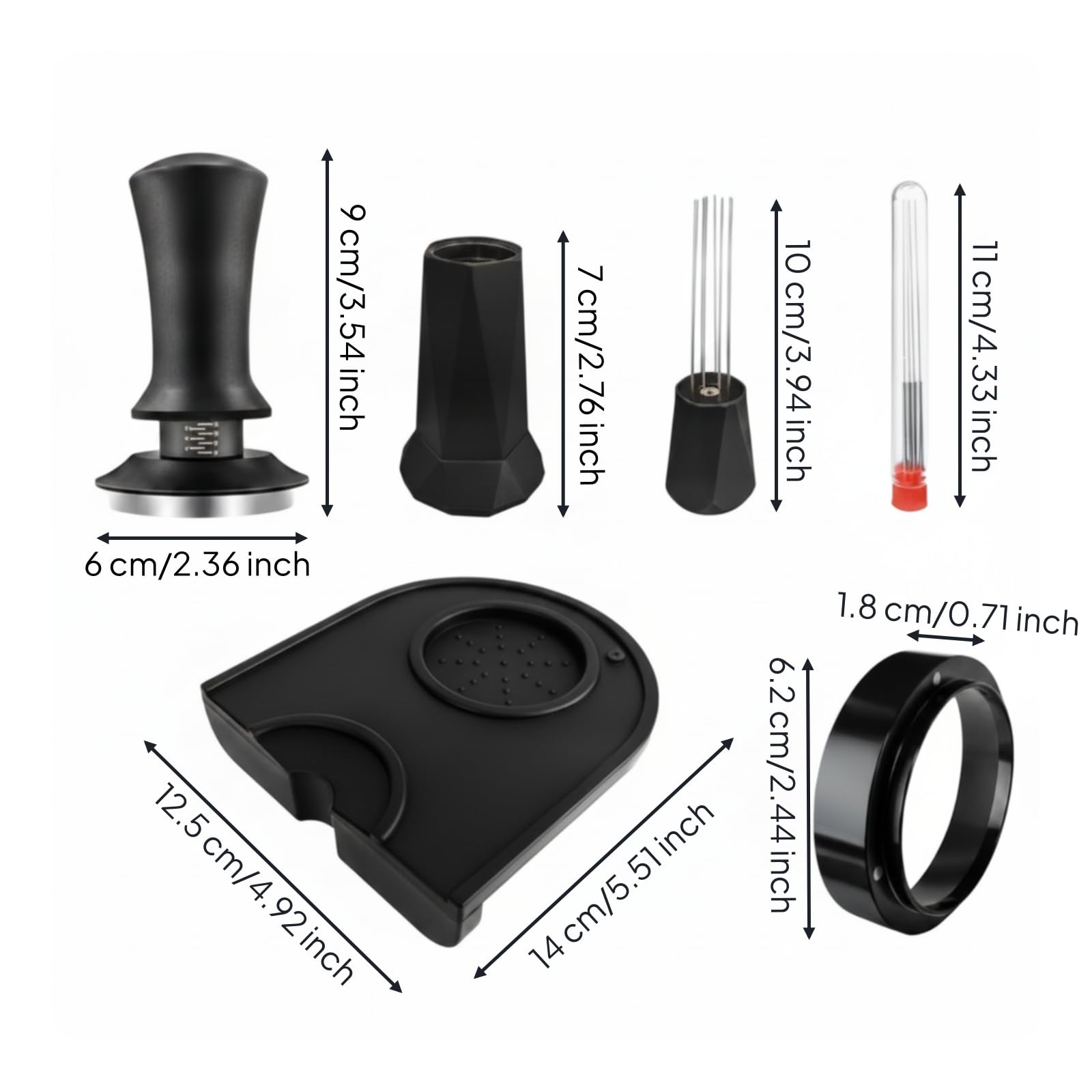 Coffee Tamper Set Pressa caffè Distribuzione Livellatore Kit Espresso Acciaio Inox Base Piana Silicone Supporto Strumento Guida Dosatura Portafiltro, con Schermo Filtrante