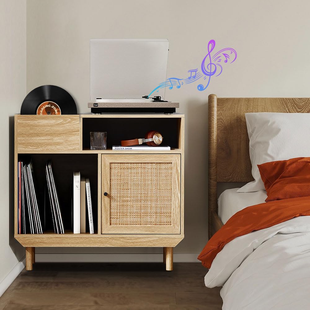 Armoire de rangement vintage en bois et rotin tissé – Organisateur de disques avec portes tissées à la main, pieds d’armoire en bois massif, étagère polyvalente pour disques, livres, fournitures de