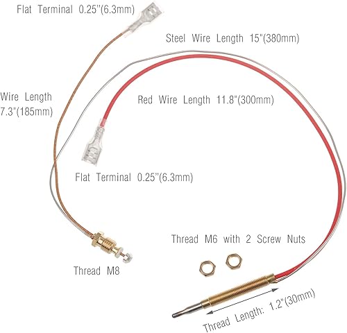 Miniatura 3 de Timsec Sensor termopar para calentador de patio al aire libre, con tuercas de conexión de extremo M8 x 1, rosca de cabezal termopar M6 x 0.75 y 2