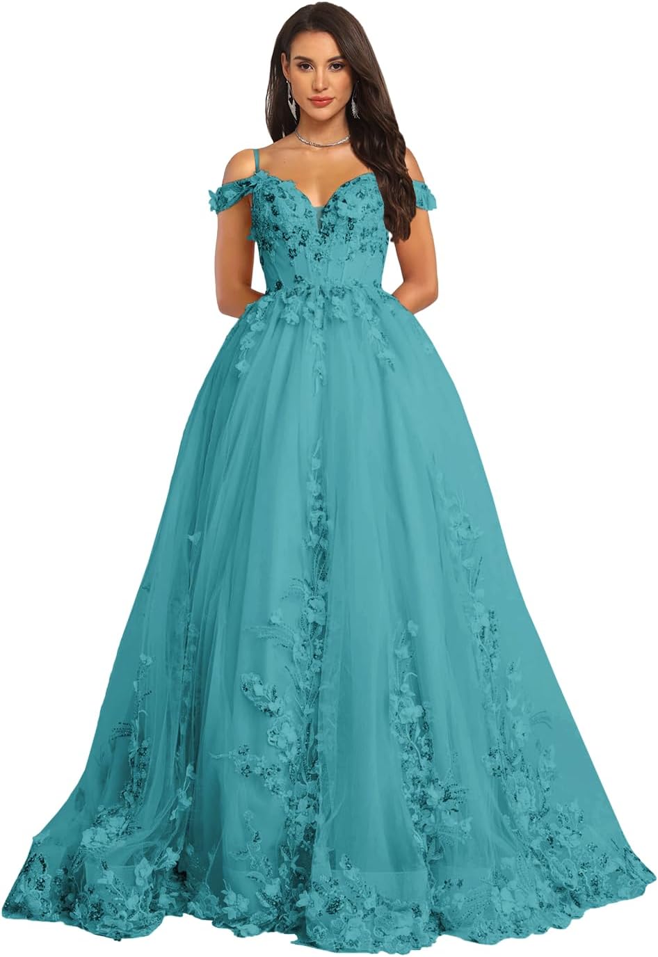 3D Flowers Tulle Prom Dresses for Women 2026 Lace Applique Cold Shoulder Blue Ball Gown Formal Dress