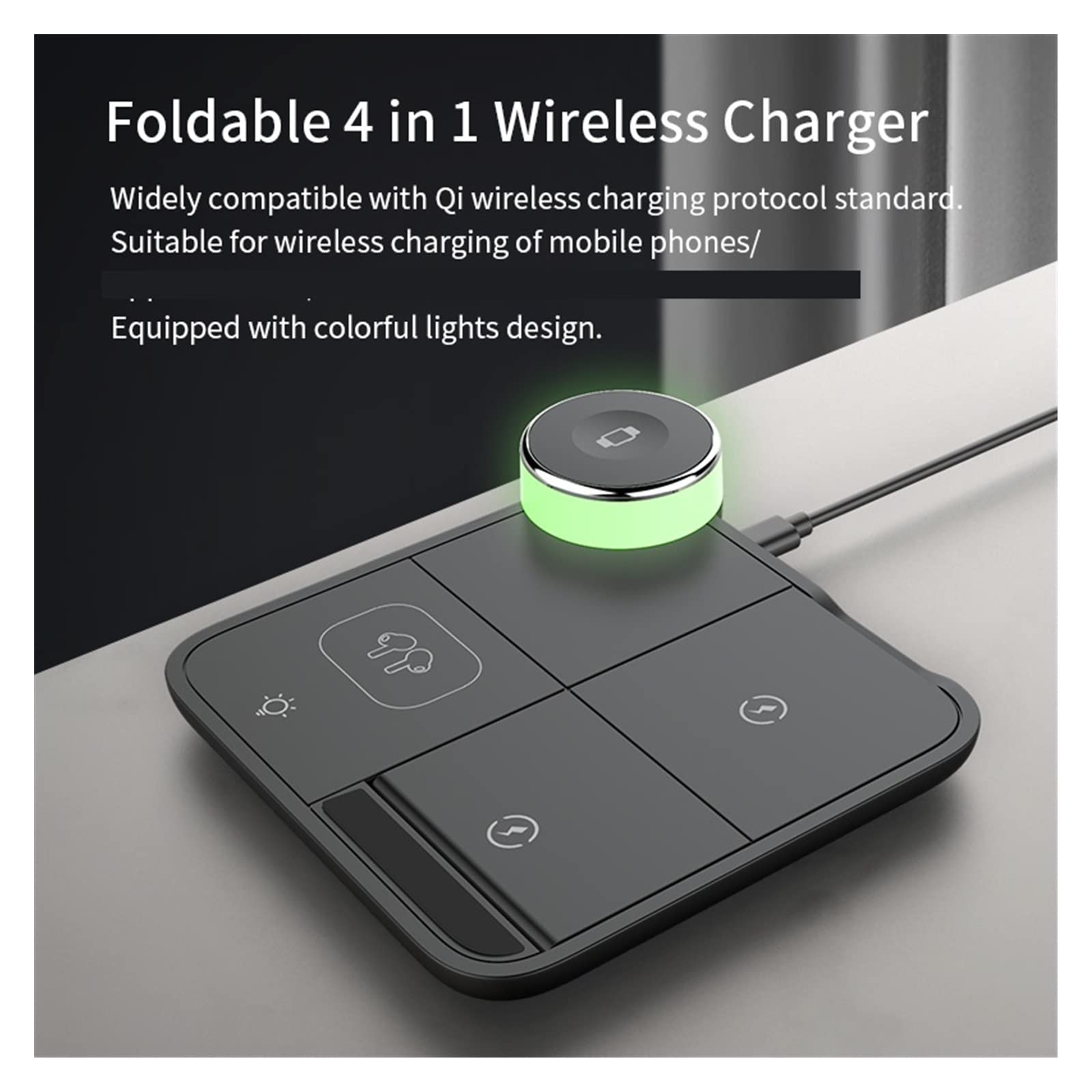 Stazione di ricarica wireless 4 in 1 con luce a LED Qi for telefono, orologio, auricolare, rapida magnetica,Compatibilità universale(Noir)
