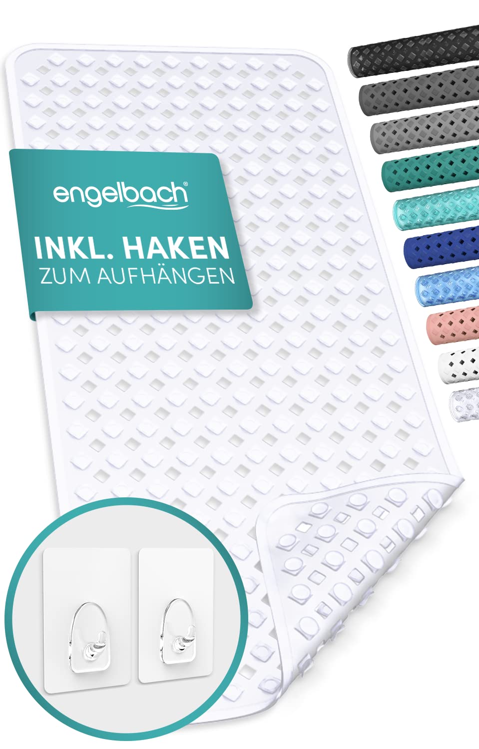 Engelbach® Mata do wanny antypoślizgowa 88x40 cm z 2 haczykami do suszenia – 100% wolna od BPA, odporna na pleśń, nadaje się do prania w pralce, Przezroczysty