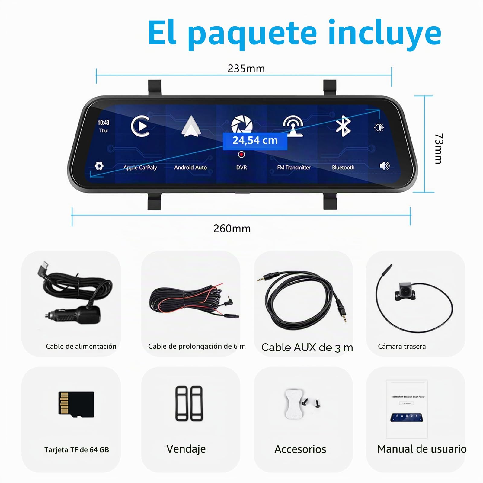 Podofo Wireless Carplay Android Auto Camara de Coche Retrovisor,9.66 Pulgadas Pantalla Táctil IPS Dashcam Cámara Espejo Retrovisor DVR,Bluetooth,2 Pantallas Divididas+AHD Cámara Trasera
